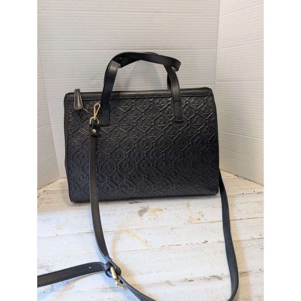 Meryan Black Leather Embossed Crossbody Bag Handbag Made In Spain Old Money